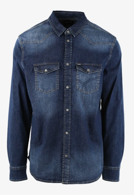 JEANSOWA KOSZULA MĘSKA Z DŁUGIM RĘKAWEM SLIM FIT Z EFEKTEM WYBLAKNIĘCIA GAS A7302