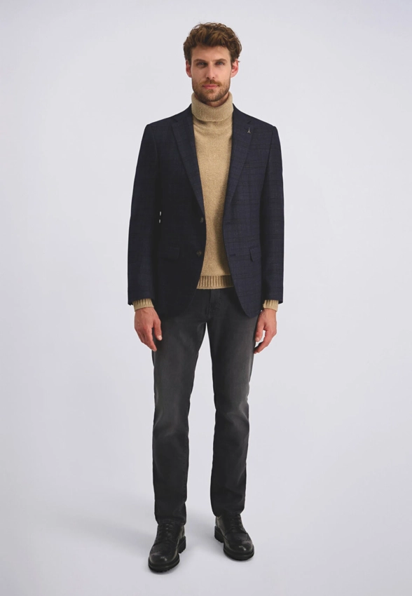 JEDNORZĘDOWA MARYNARKA MĘSKA W KRATĘ Z DOMIESZKĄ WEŁNY PIERRE CARDIN C4 42255 8016