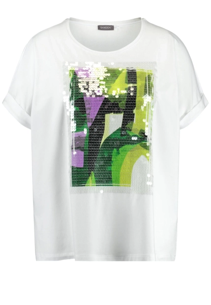 T-SHIRT DAMSKI Z NADRUKIEM Z PRZODU I PRZEZROCZYSTYMI CEKINAMI SAMOON 471049-26201