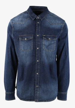 JEANSOWA KOSZULA MĘSKA Z DŁUGIM RĘKAWEM SLIM FIT Z EFEKTEM WYBLAKNIĘCIA GAS A7302