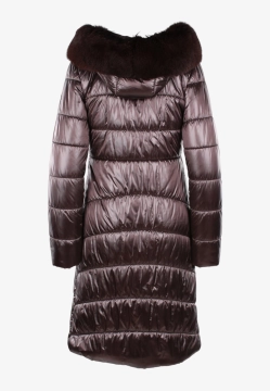 PIKOWANY PŁASZCZ DAMSKI Z FUTRZANYM KOŁNIERZEM I KAPTUREM FAN LEATHER 580