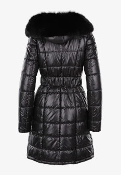 PIKOWANY PŁASZCZ DAMSKI Z FUTRZANYM KOŁNIERZEM I KAPTUREM FAN LEATHER 692