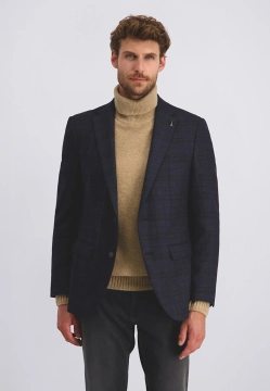 JEDNORZĘDOWA MARYNARKA MĘSKA W KRATĘ Z DOMIESZKĄ WEŁNY PIERRE CARDIN C4 42255 8016