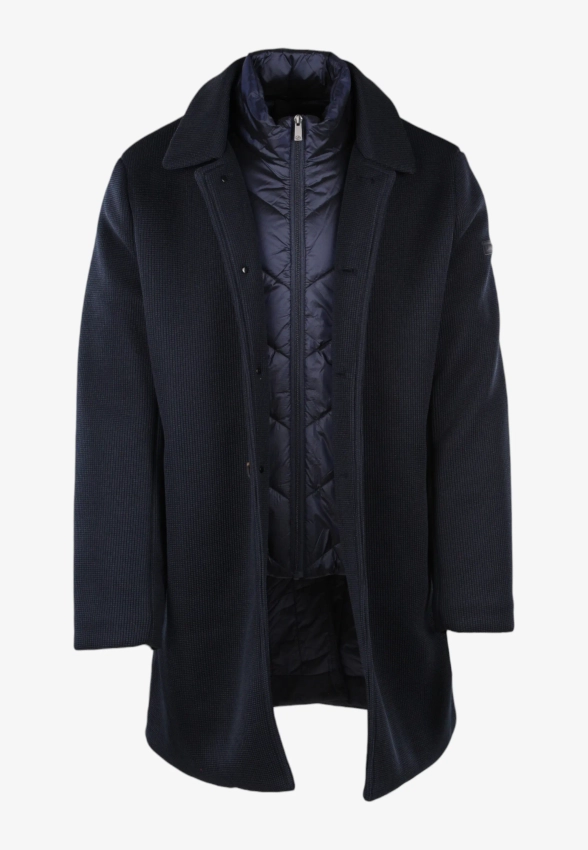 JEDNORZĘDOWY PŁASZCZ MĘSKI Z DZIANIANY TECHNICZNEJ Z PIKOWANĄ WSTAWKĄ UNITY COAT