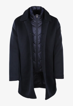 JEDNORZĘDOWY PŁASZCZ MĘSKI Z DZIANIANY TECHNICZNEJ Z PIKOWANĄ WSTAWKĄ UNITY COAT