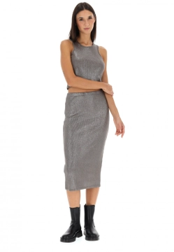 OŁÓWKOWA SPÓDNICA MIDI W METALICZNE PRĄŻKI EKS 96885