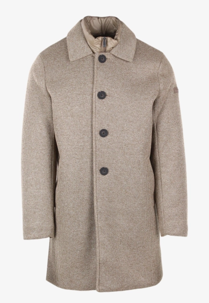 JEDNORZĘDOWY PŁASZCZ MĘSKI Z DZIANIANY TECHNICZNEJ Z PIKOWANĄ WSTAWKĄ UNITY COAT