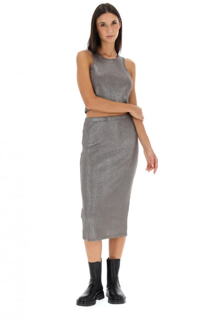 OŁÓWKOWA SPÓDNICA MIDI W METALICZNE PRĄŻKI EKS 96885