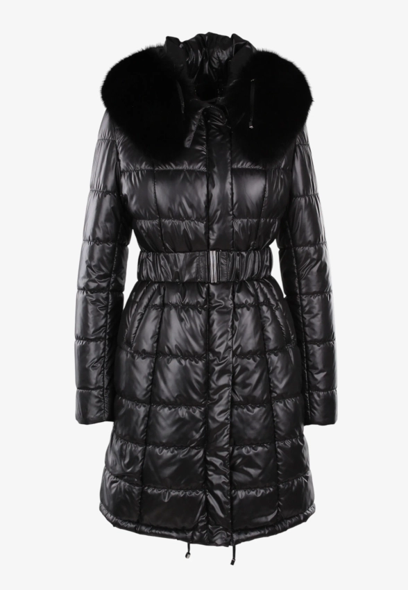 PIKOWANY PŁASZCZ DAMSKI Z FUTRZANYM KOŁNIERZEM I KAPTUREM FAN LEATHER 692