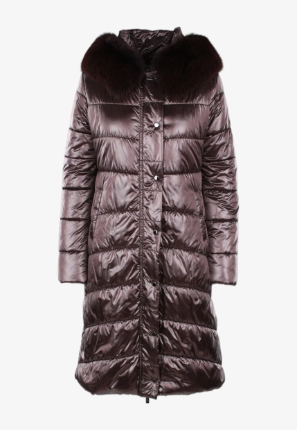 PIKOWANY PŁASZCZ DAMSKI Z FUTRZANYM KOŁNIERZEM I KAPTUREM FAN LEATHER 580