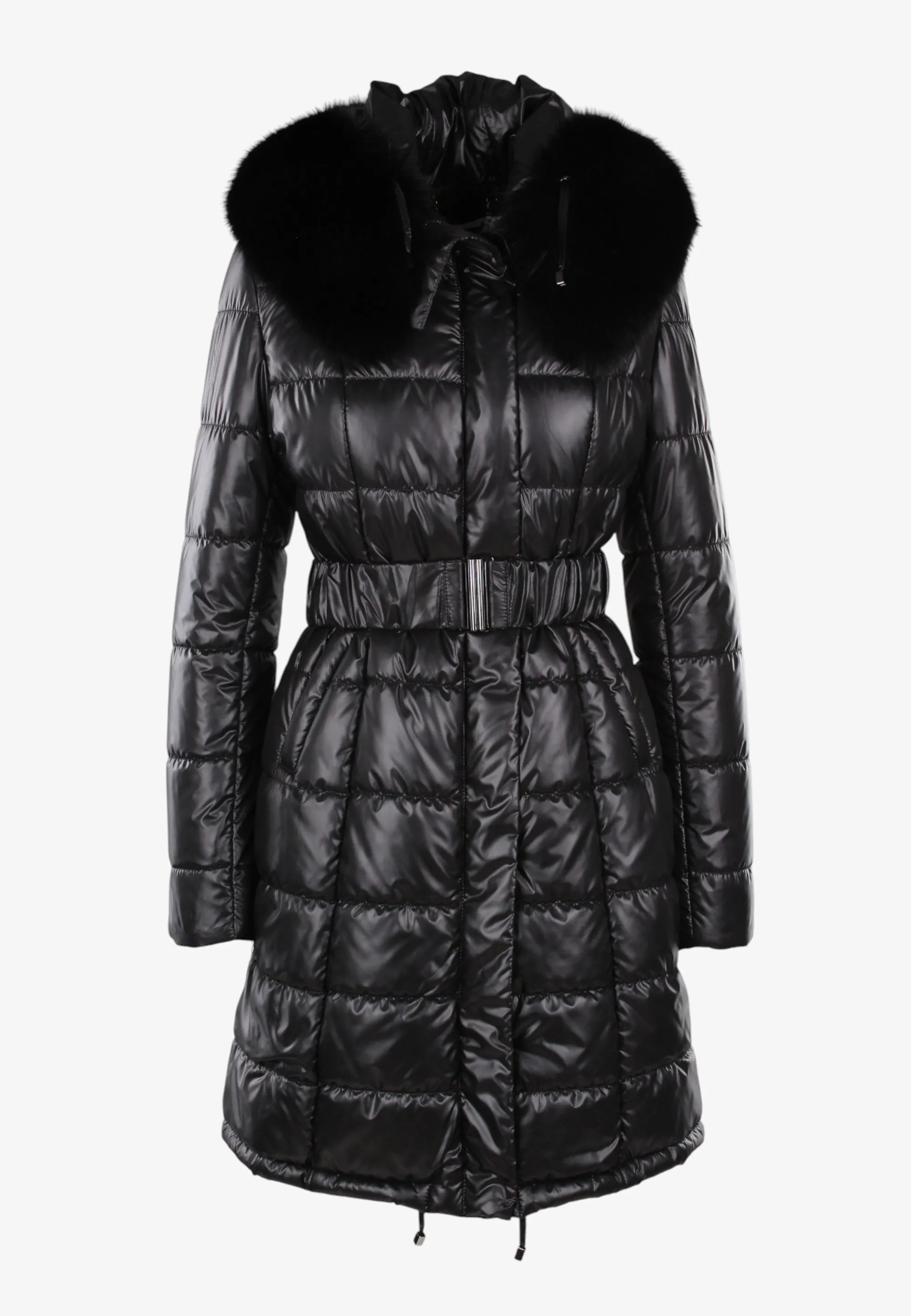 PIKOWANY PŁASZCZ DAMSKI Z FUTRZANYM KOŁNIERZEM I KAPTUREM FAN LEATHER 692