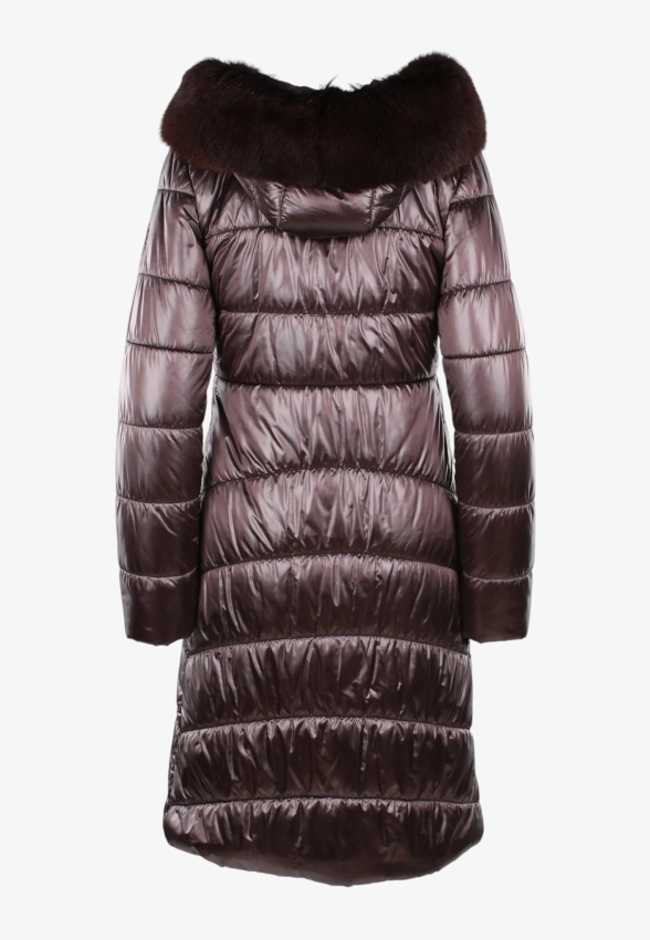 PIKOWANY PŁASZCZ DAMSKI Z FUTRZANYM KOŁNIERZEM I KAPTUREM FAN LEATHER 580