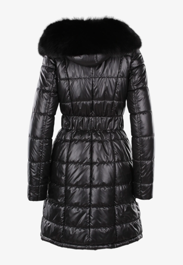 PIKOWANY PŁASZCZ DAMSKI Z FUTRZANYM KOŁNIERZEM I KAPTUREM FAN LEATHER 692