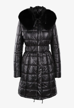 PIKOWANY PŁASZCZ DAMSKI Z FUTRZANYM KOŁNIERZEM I KAPTUREM FAN LEATHER 692