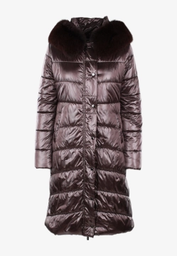 PIKOWANY PŁASZCZ DAMSKI Z FUTRZANYM KOŁNIERZEM I KAPTUREM FAN LEATHER 580