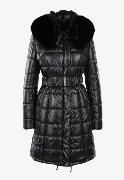 PIKOWANY PŁASZCZ DAMSKI Z FUTRZANYM KOŁNIERZEM I KAPTUREM FAN LEATHER 692