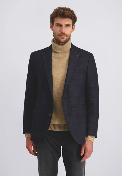 JEDNORZĘDOWA MARYNARKA MĘSKA W KRATĘ Z DOMIESZKĄ WEŁNY PIERRE CARDIN C4 42255 8016